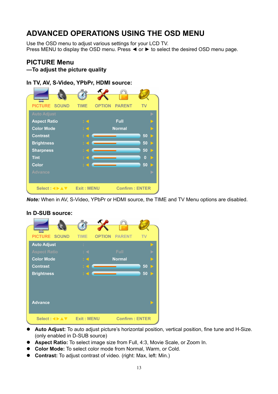 Advanced operations using the osd menu, Picture menu | V7 22" LCD TVs LTV22HD User Manual | Page 16 / 28