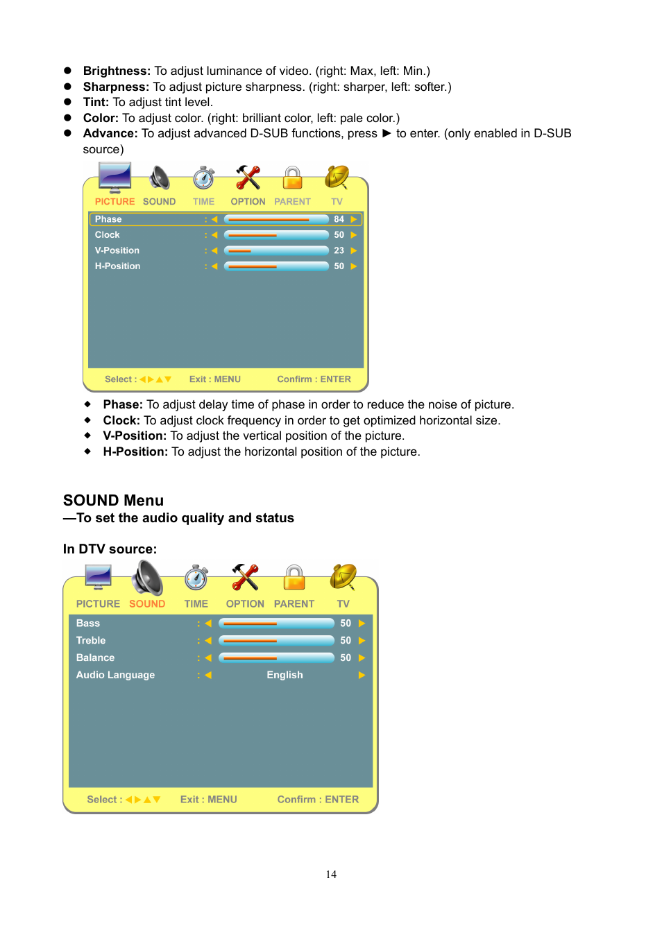 Sound menu | V7 22" LCD TVs LTV22HD User Manual | Page 17 / 28