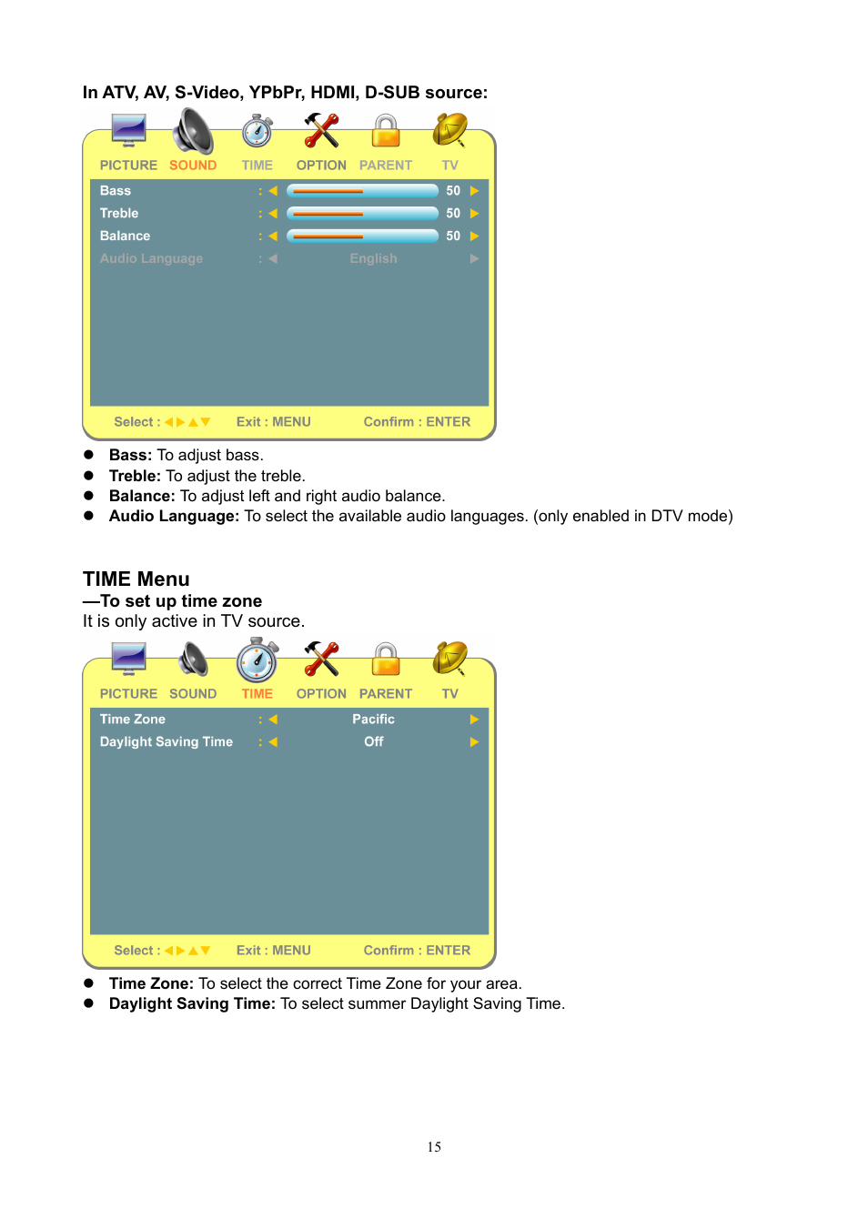 Time menu | V7 22" LCD TVs LTV22HD User Manual | Page 18 / 28