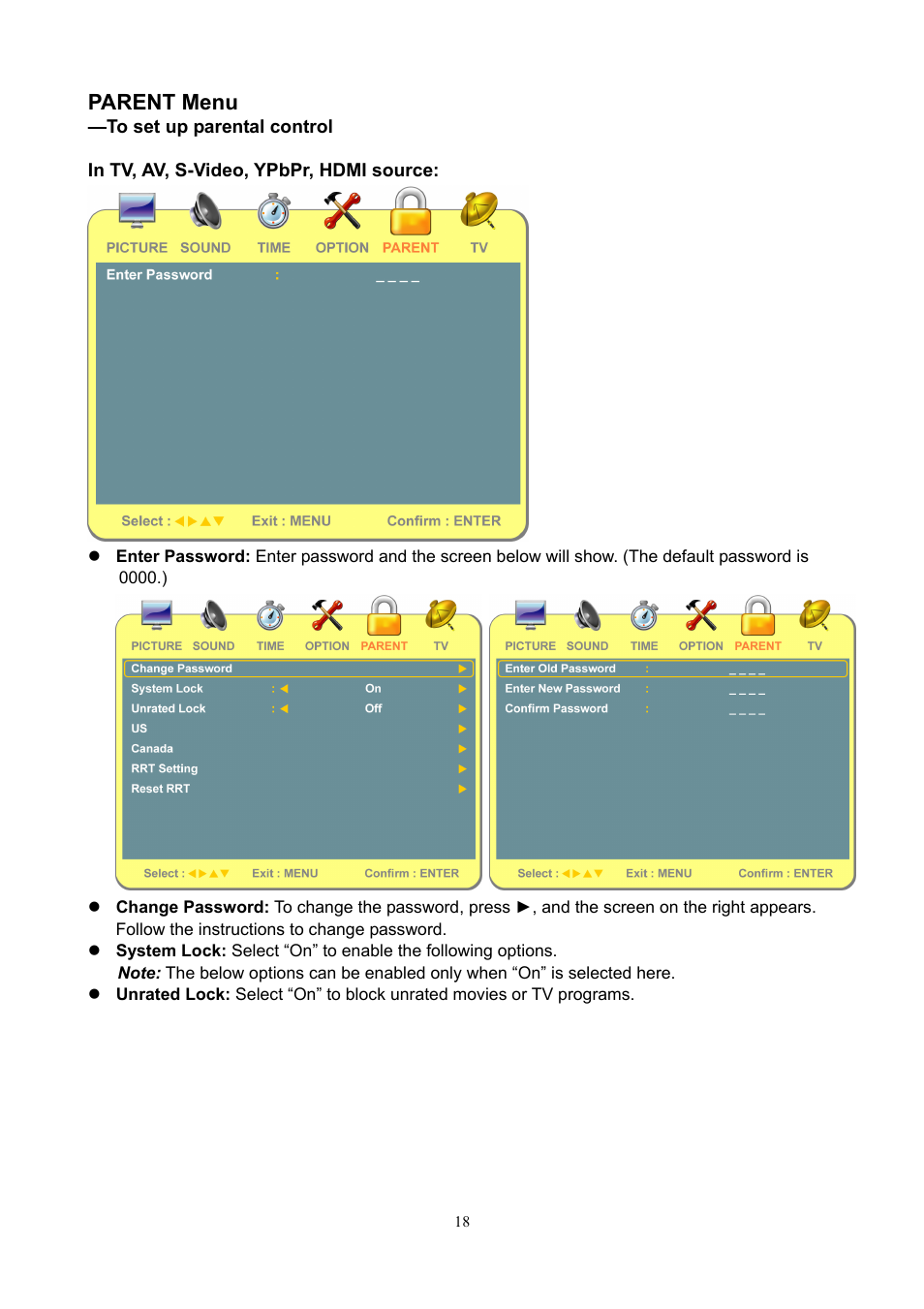 Parent menu | V7 22" LCD TVs LTV22HD User Manual | Page 21 / 28