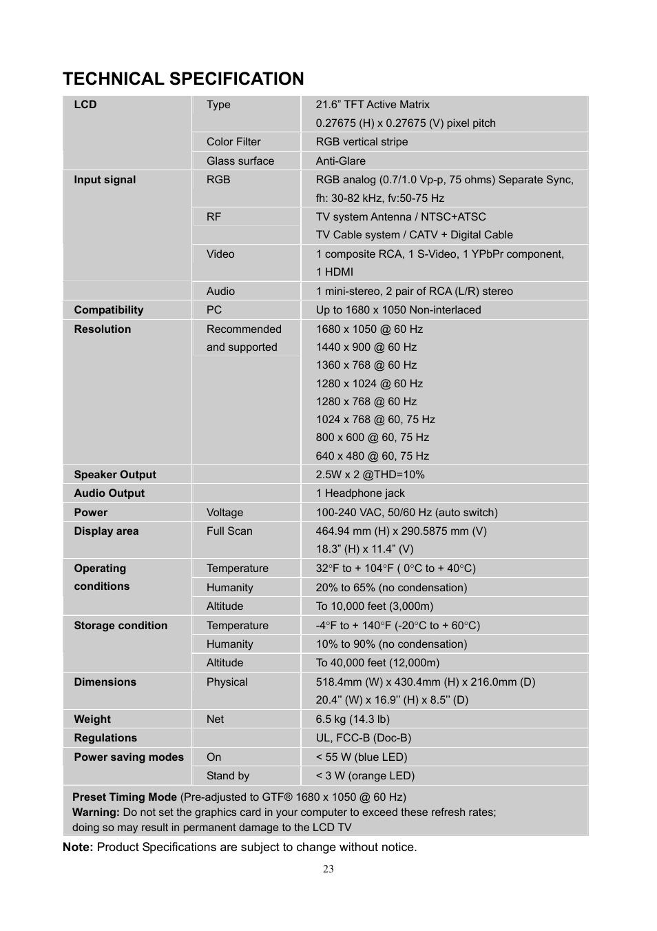 Technical specification | V7 22" LCD TVs LTV22HD User Manual | Page 26 / 28