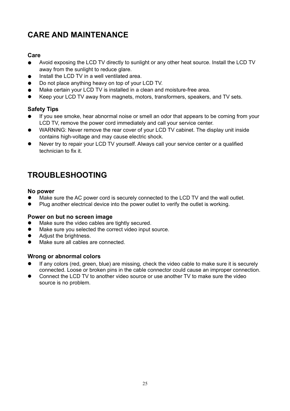 Care and maintenance, Troubleshooting | V7 22" LCD TVs LTV22HD User Manual | Page 28 / 28