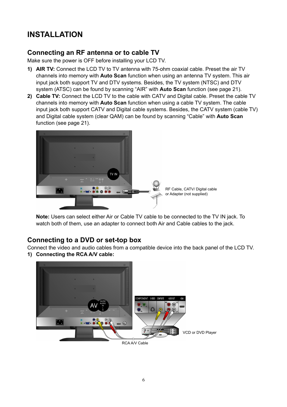 Installation, Connecting an rf antenna or to cable tv, Connecting to a dvd or set-top box | V7 22" LCD TVs LTV22HD User Manual | Page 9 / 28