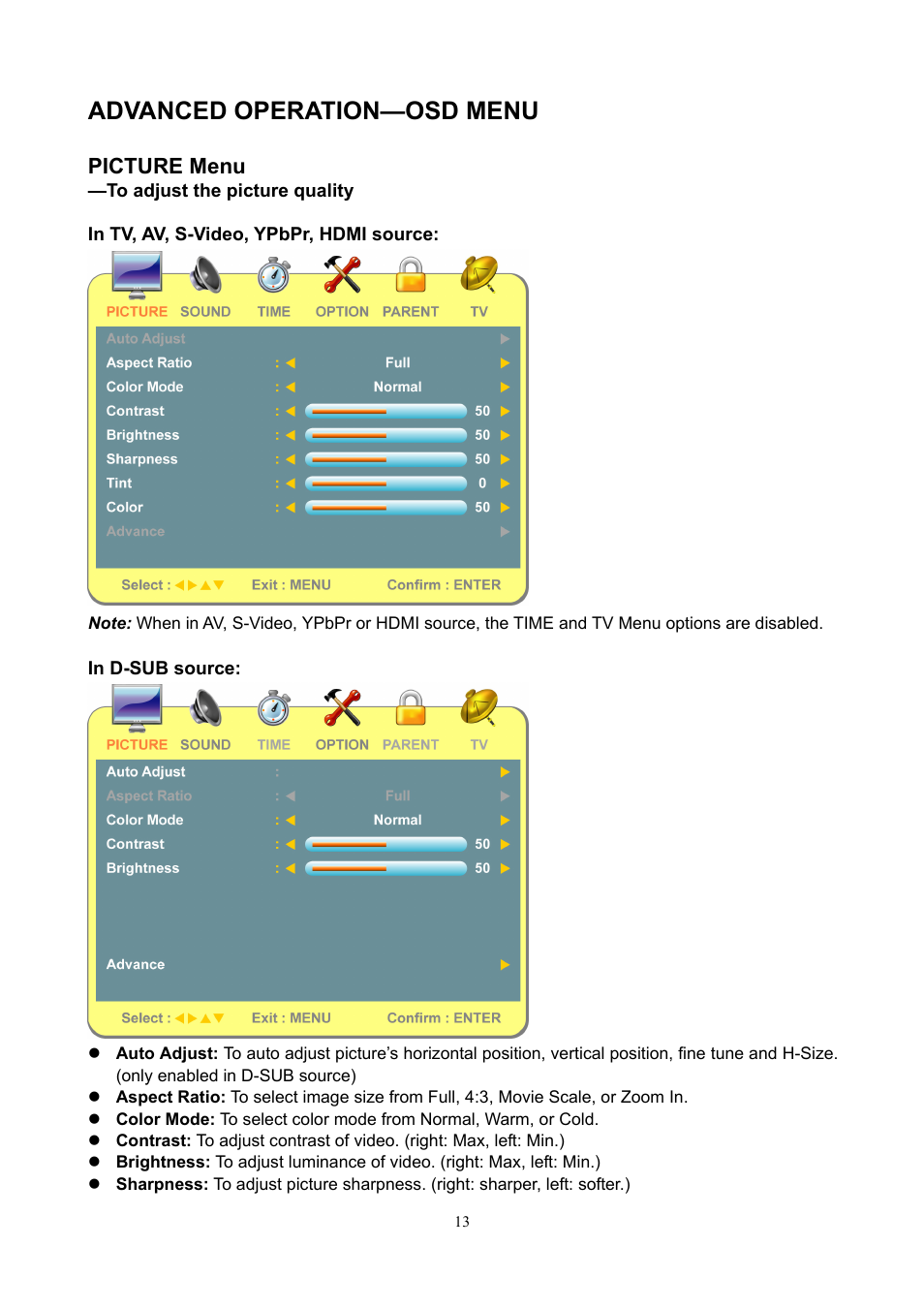Advanced operation—osd menu, Picture menu | V7 19" LCD TVs LTV19HD User Manual | Page 16 / 28