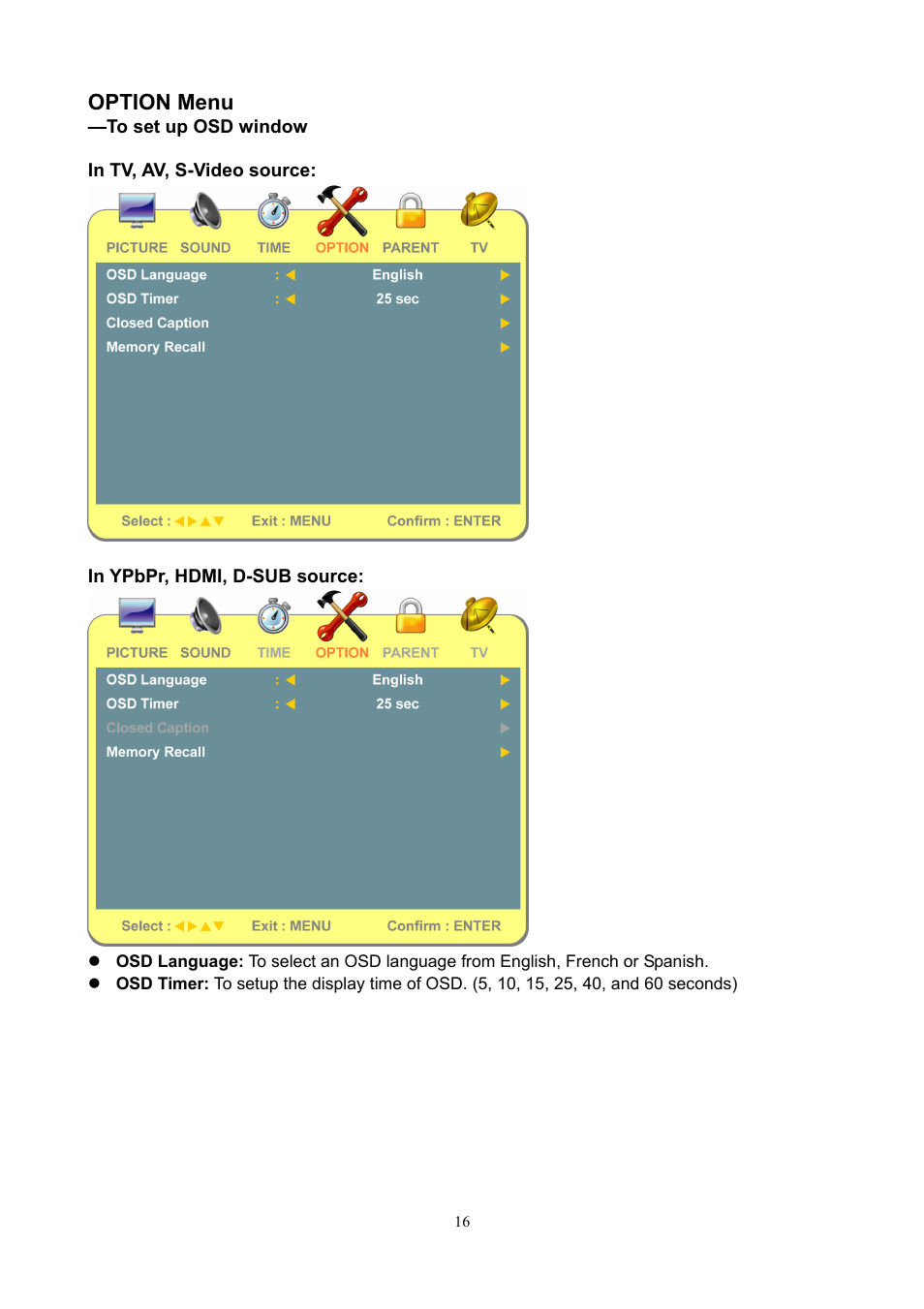 Option menu | V7 19" LCD TVs LTV19HD User Manual | Page 19 / 28