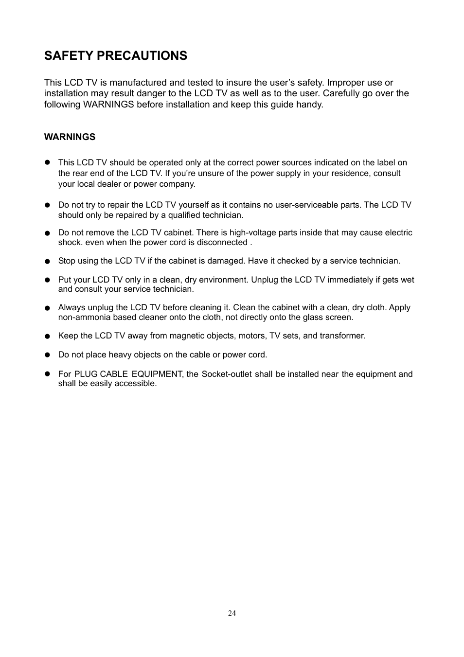 Safety precautions | V7 19" LCD TVs LTV19HD User Manual | Page 27 / 28