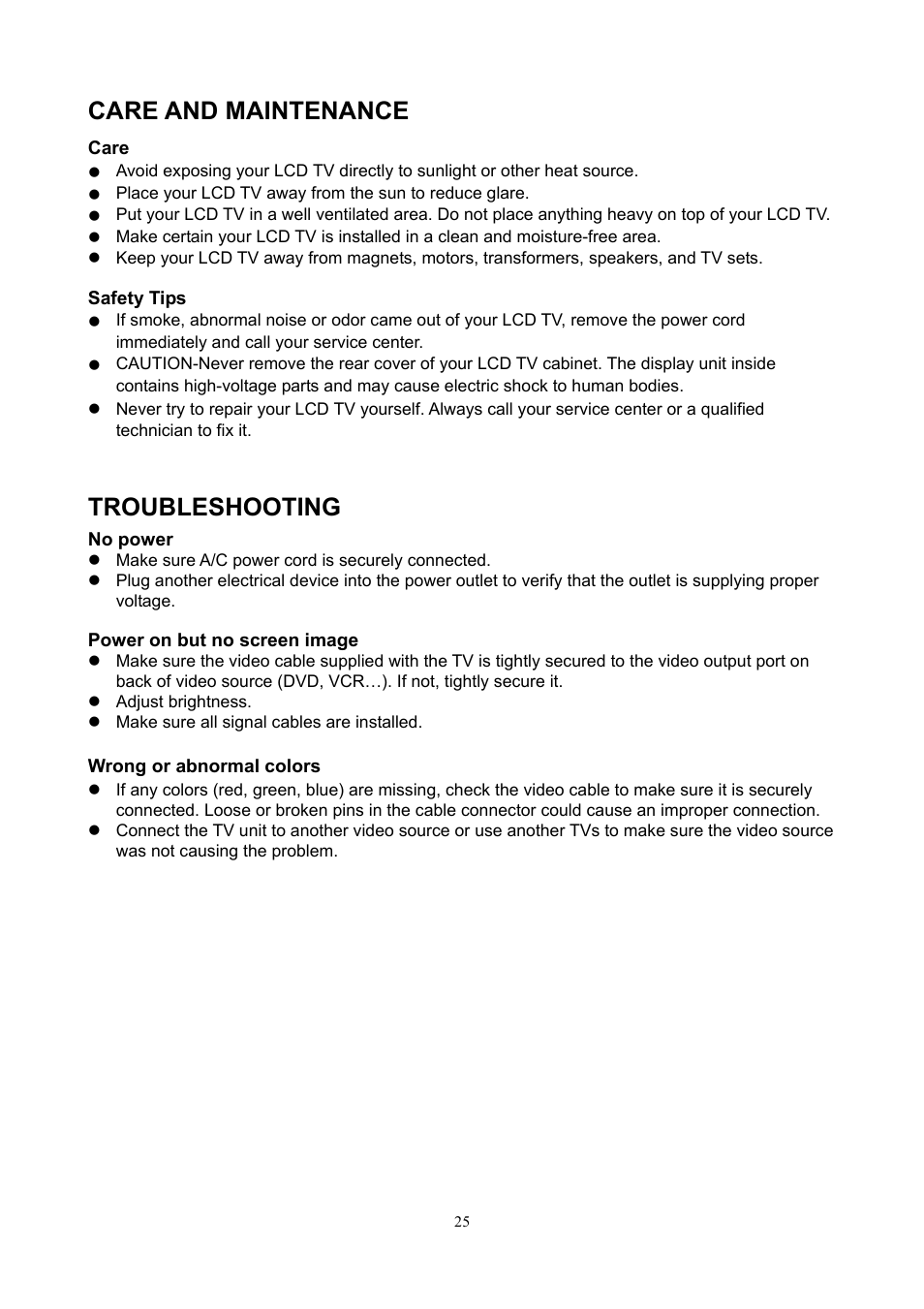 Care and maintenance, Troubleshooting | V7 19" LCD TVs LTV19HD User Manual | Page 28 / 28