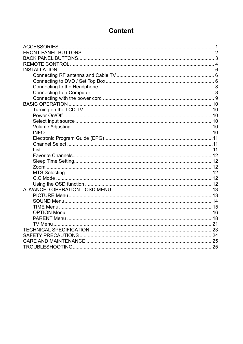 Content | V7 19" LCD TVs LTV19HD User Manual | Page 3 / 28