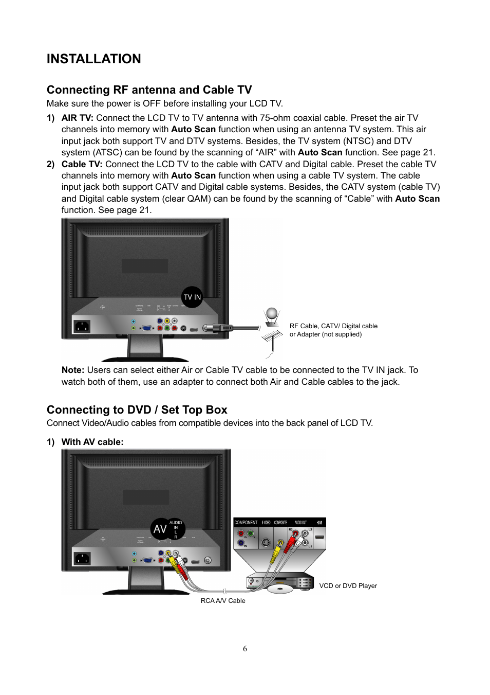 Installation, Connecting rf antenna and cable tv, Connecting to dvd / set top box | V7 19" LCD TVs LTV19HD User Manual | Page 9 / 28