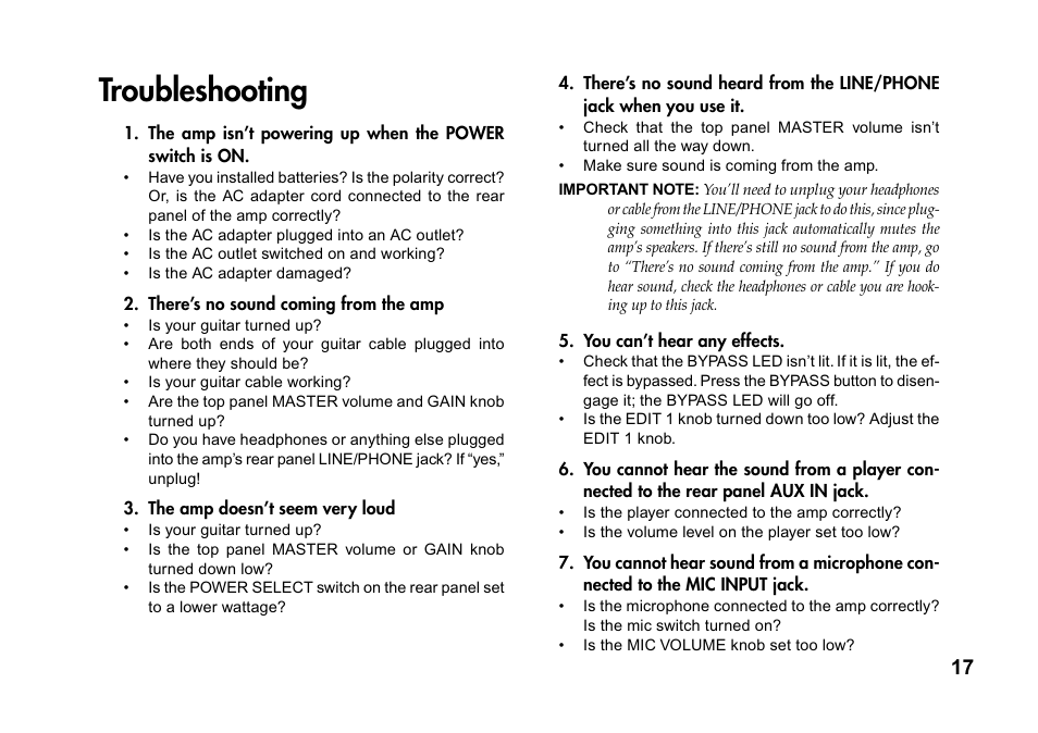 Troubleshooting | Vox DA5 User Manual | Page 17 / 20