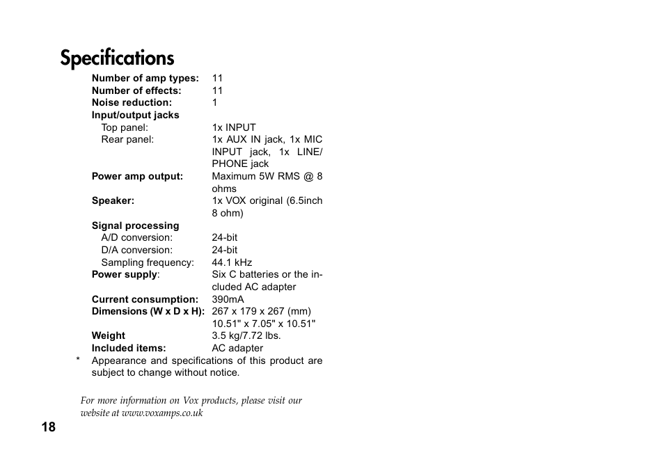 Specifications | Vox DA5 User Manual | Page 18 / 20