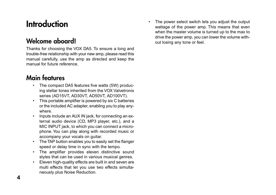 Introduction, Welcome aboard, Main features | Welcome aboard! main features | Vox DA5 User Manual | Page 4 / 20