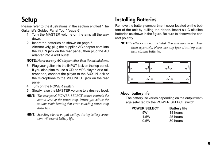 Setup, Installing batteries | Vox DA5 User Manual | Page 5 / 20