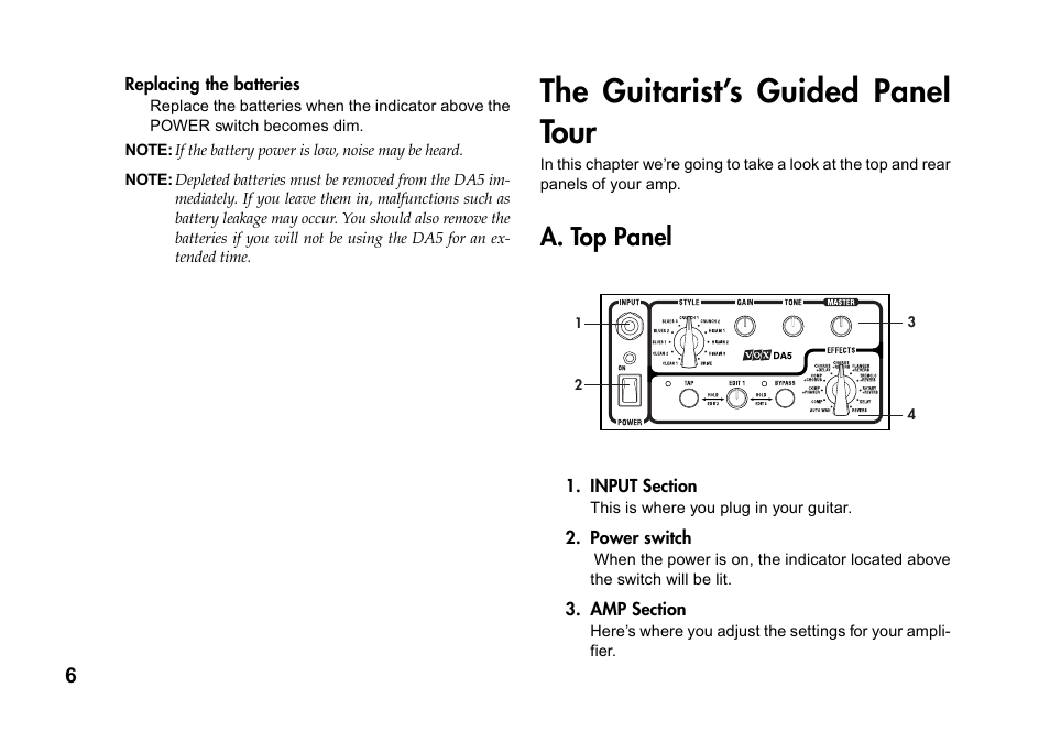 The guitarist's guided panel tour, A. top panel, The guitarist’s guided panel tour | Vox DA5 User Manual | Page 6 / 20