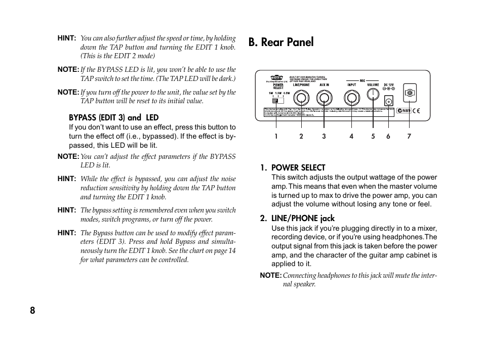 B. rear panel | Vox DA5 User Manual | Page 8 / 20