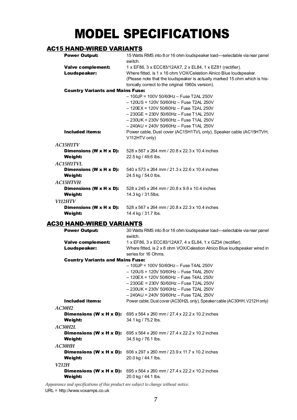 Model specifications, Ac15 hand-wired variants, Ac30 hand-wired variants | Vox AC30HH User Manual | Page 7 / 26