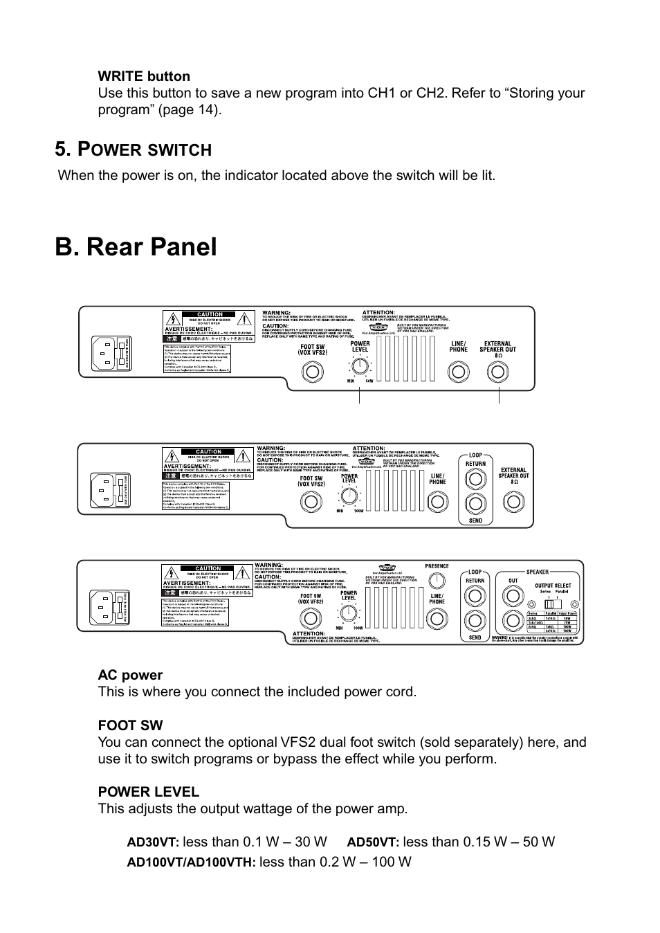 B. rear panel | Vox AD100VT User Manual | Page 11 / 36