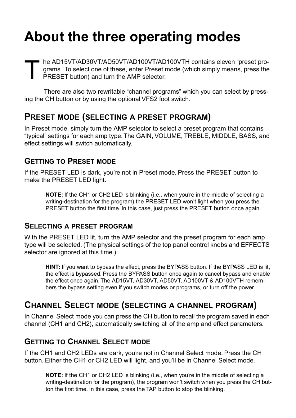 About the three operating modes, Preset mode (selecting a preset program), Channel select mode (selecting a channel program) | Vox AD100VT User Manual | Page 14 / 36