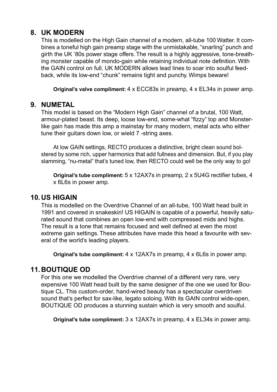 Uk modern, Numetal, Us higain | Boutique od | Vox AD100VT User Manual | Page 26 / 36