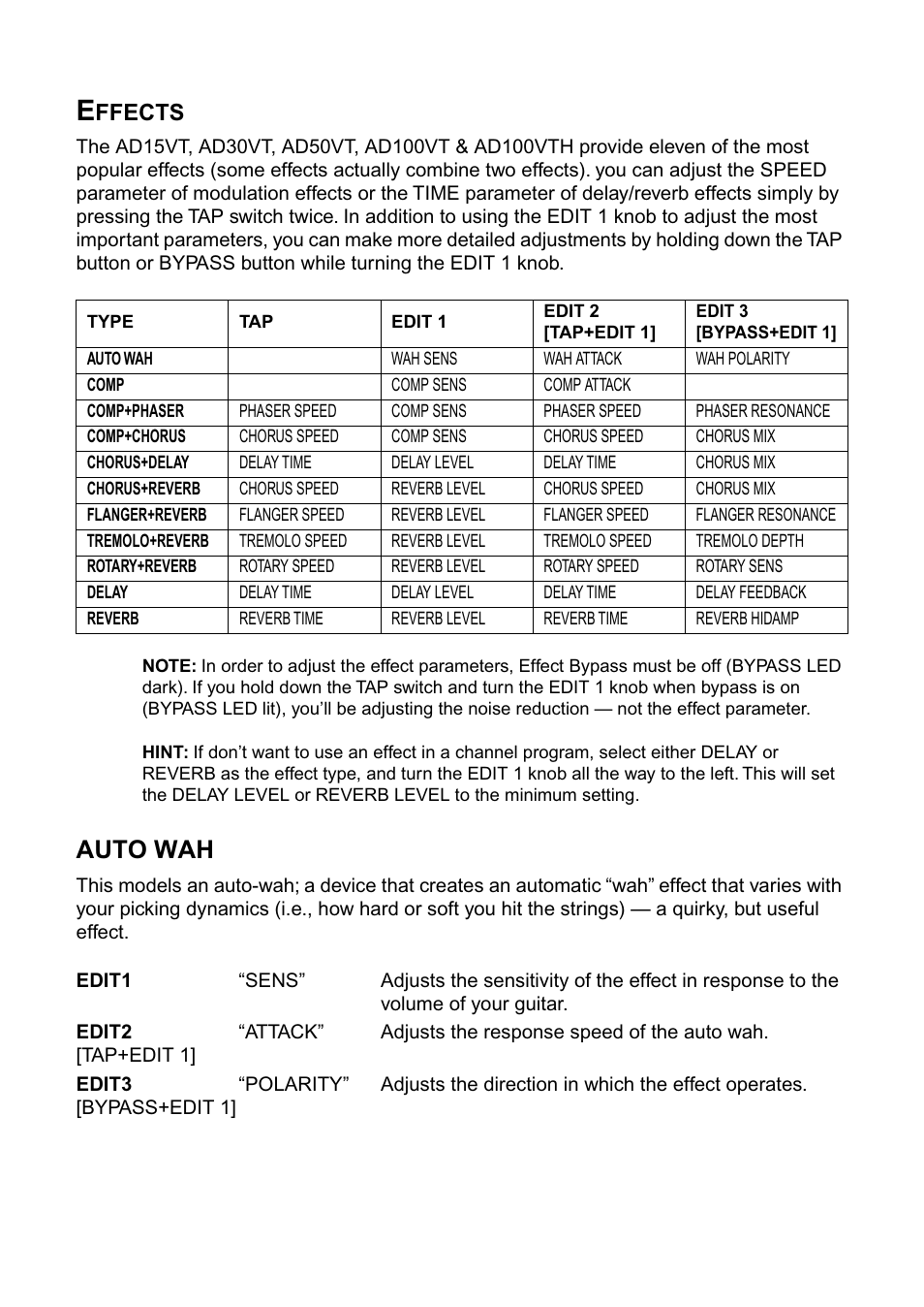 Effects, Auto wah, Ffects | Vox AD100VT User Manual | Page 27 / 36