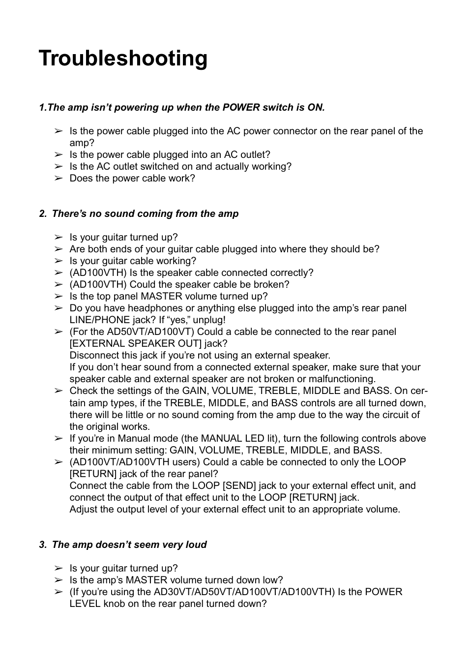 Troubleshooting | Vox AD100VT User Manual | Page 31 / 36