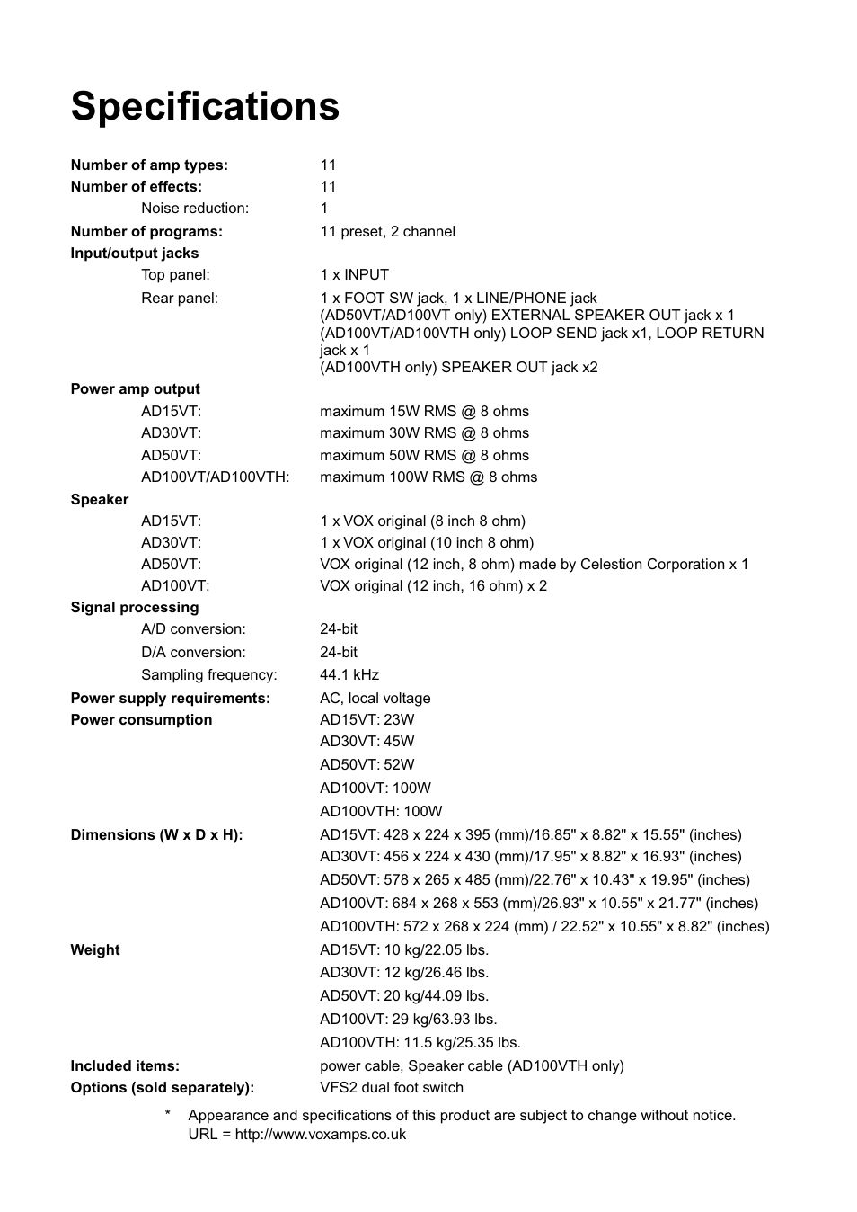 Specifications | Vox AD100VT User Manual | Page 33 / 36