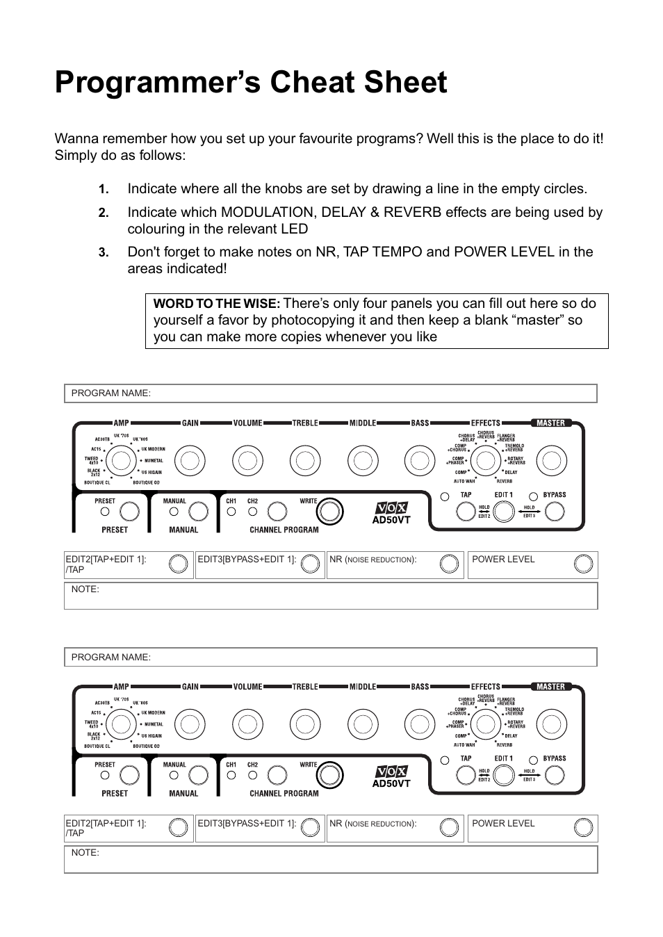 Programmer’s cheat sheet | Vox AD100VT User Manual | Page 34 / 36