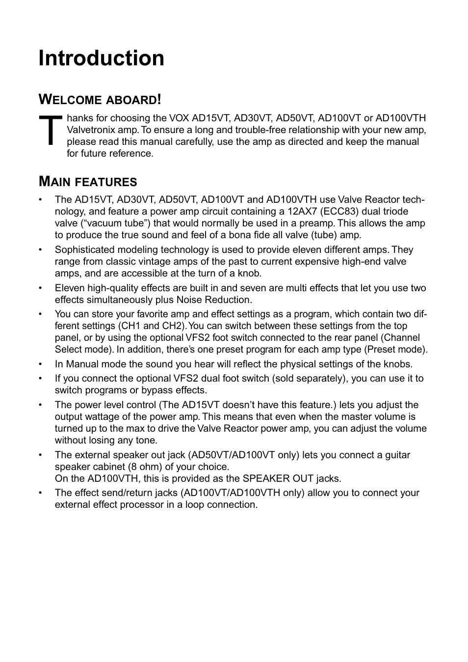 Introduction, Welcome aboard, Main features | Vox AD100VT User Manual | Page 4 / 36