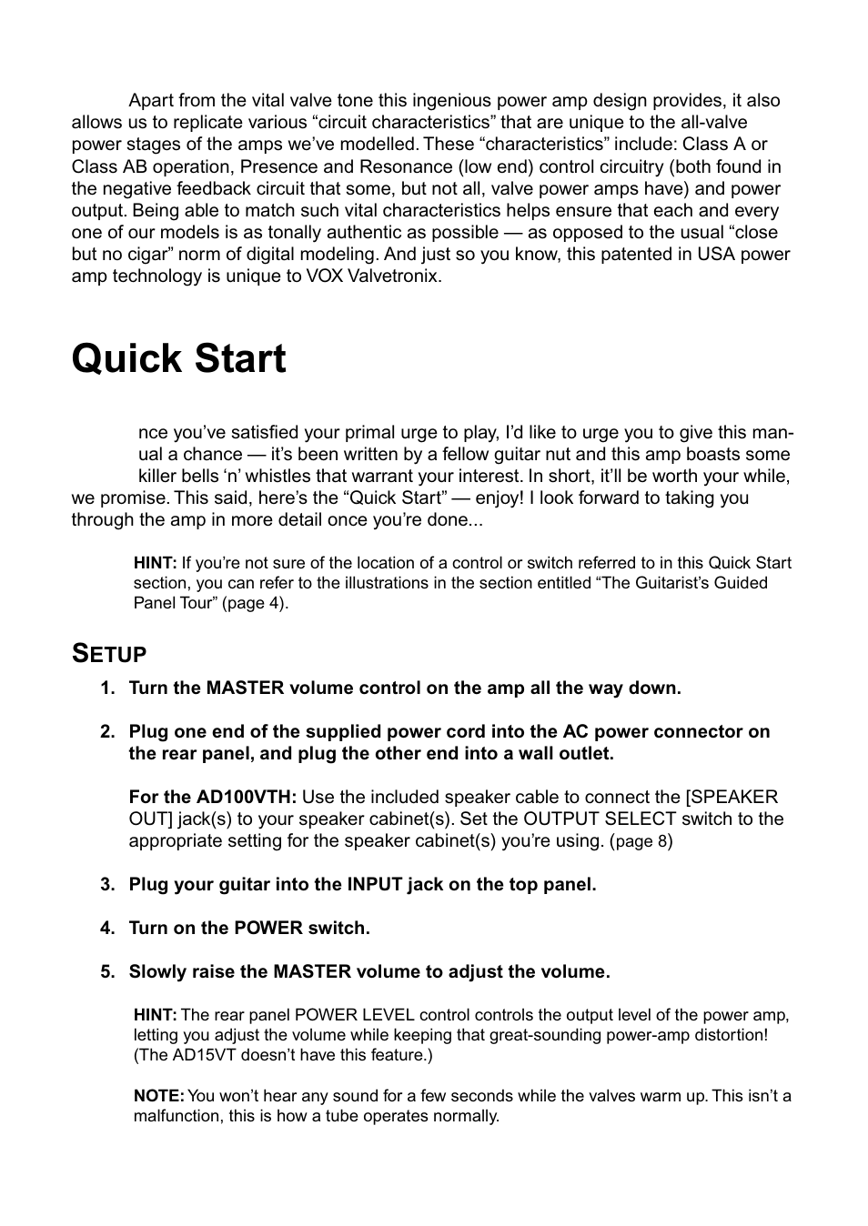 Quick start, Setup | Vox AD100VT User Manual | Page 6 / 36