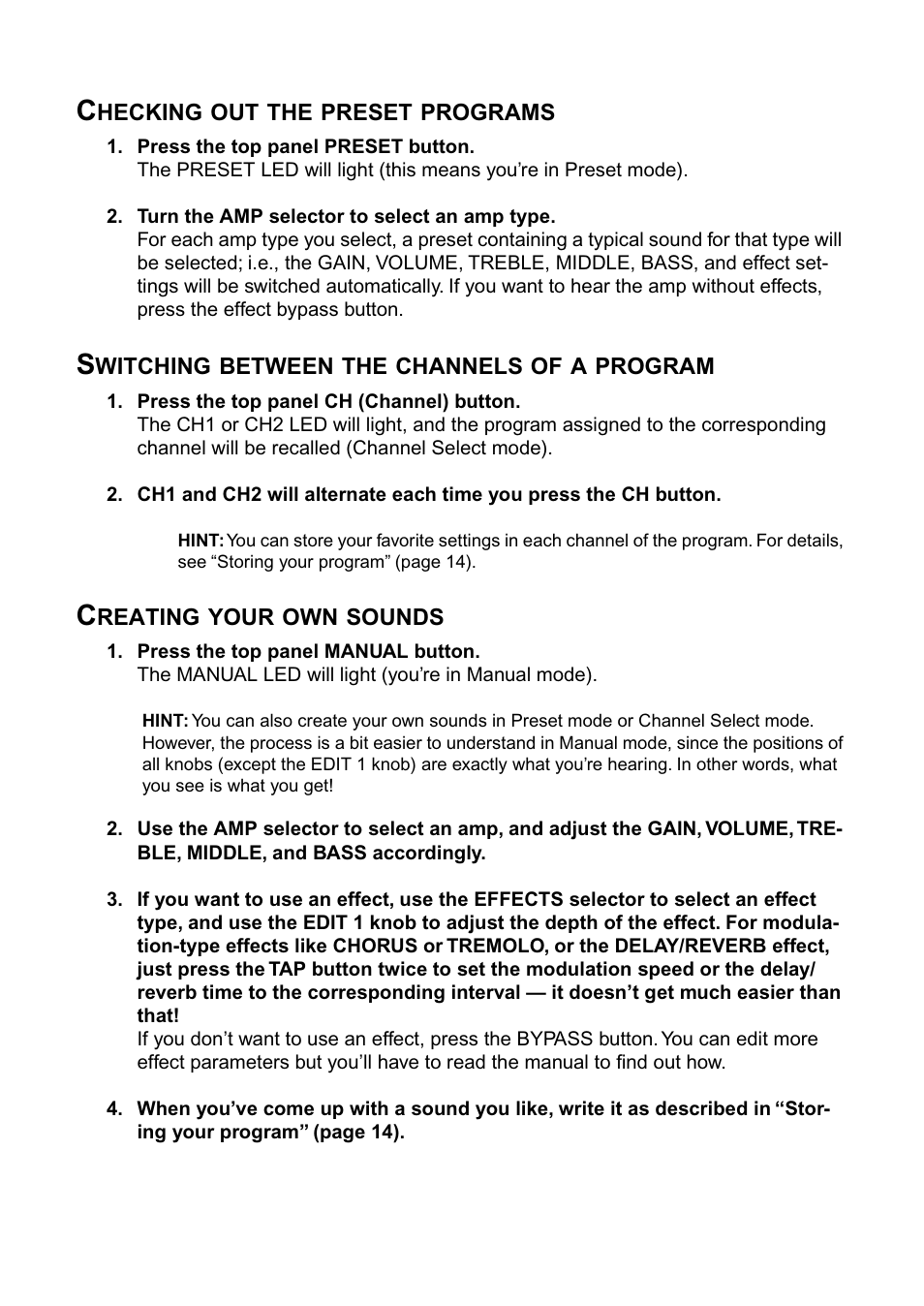 Checking out the preset programs, Switching between the channels of a program, Creating your own sounds | Vox AD100VT User Manual | Page 7 / 36