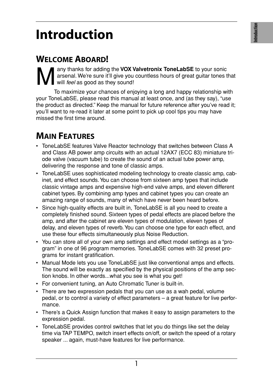 Introduction, Main features | Vox Valvetronix ToneLab SE User Manual | Page 11 / 82