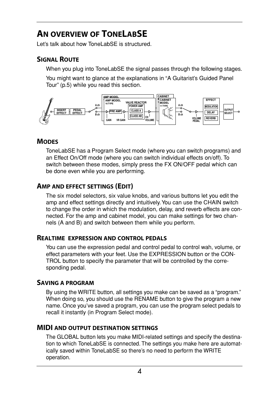 An overview of tonelabse, Signal route, Modes | Amp and effect settings (edit), Realtime expression and control pedals, Saving a program, Midi and output destination settings, Overview, Midi | Vox Valvetronix ToneLab SE User Manual | Page 14 / 82