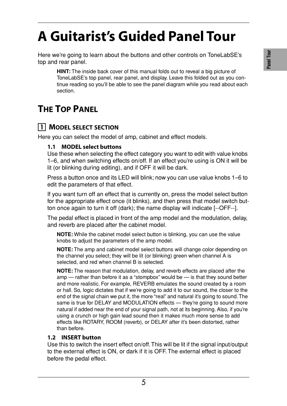 A guitarist’s guided panel tour, The top panel, Model select section | Anel | Vox Valvetronix ToneLab SE User Manual | Page 15 / 82