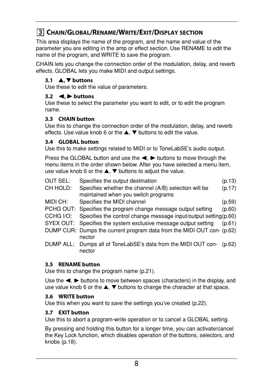 Chain/global/rename/write/exit/display section | Vox Valvetronix ToneLab SE User Manual | Page 18 / 82