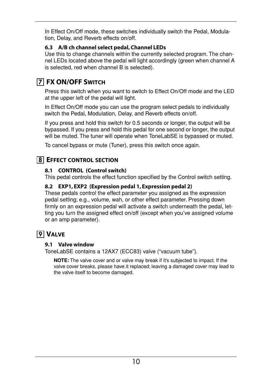 Fx on/off switch, Effect control section, Valve | Fx on/off switch effect control section valve, Fx on/off s | Vox Valvetronix ToneLab SE User Manual | Page 20 / 82