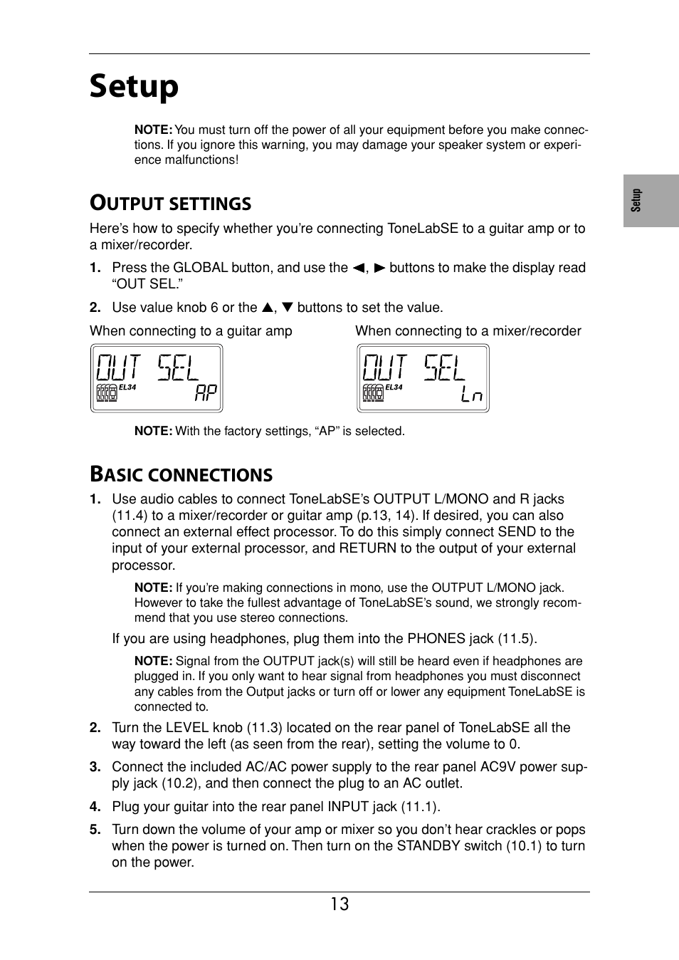 Setup, Output settings, Basic connections | P.13), Utput, Settings, Asic, Connections | Vox Valvetronix ToneLab SE User Manual | Page 23 / 82