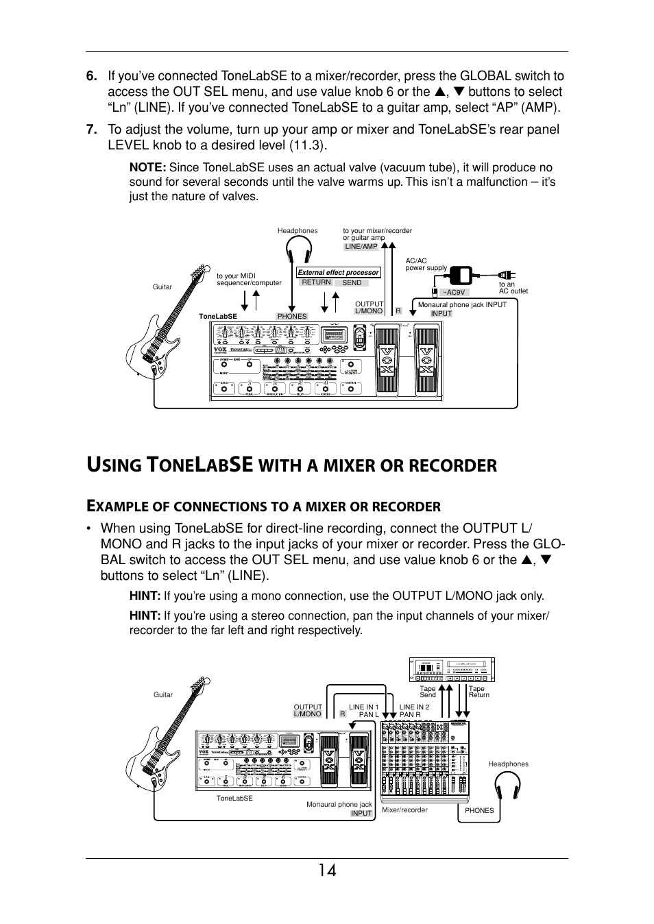 Using tonelabse with a mixer or recorder, Example of connections to a mixer or recorder, Sing | With, Mixer, Recorder, Xample, Connections | Vox Valvetronix ToneLab SE User Manual | Page 24 / 82