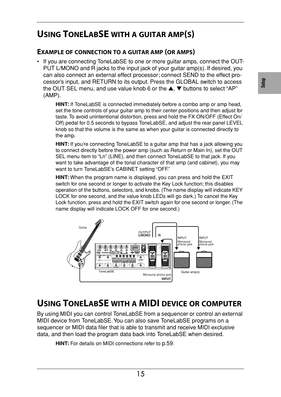 Using tonelabse with a guitar amp(s), Example of connection to a guitar amp (or amps), Using tonelabse with a midi device or computer | Midi, Sing, With, Guitar, Device, Computer | Vox Valvetronix ToneLab SE User Manual | Page 25 / 82
