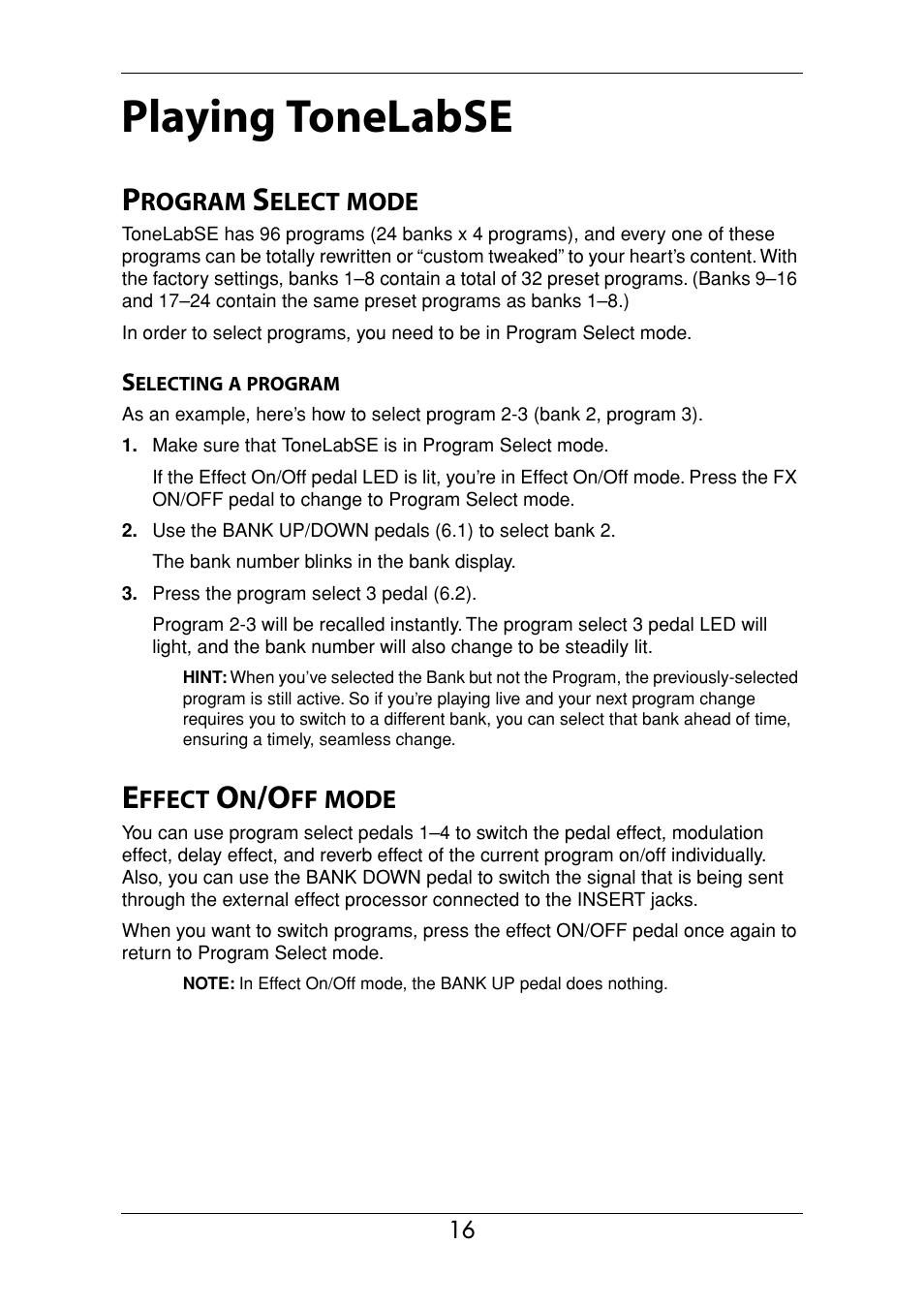 Playing tonelabse, Program select mode, Selecting a program | Effect on/off mode | Vox Valvetronix ToneLab SE User Manual | Page 26 / 82