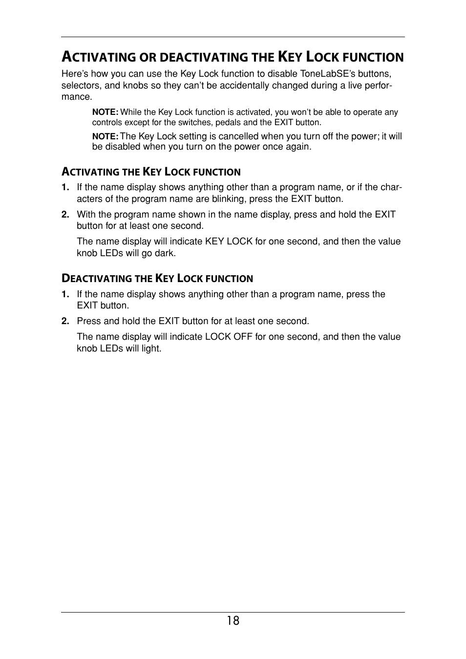 Activating or deactivating the key lock function, Activating the key lock function, Deactivating the key lock function | Knobs (p.18) | Vox Valvetronix ToneLab SE User Manual | Page 28 / 82