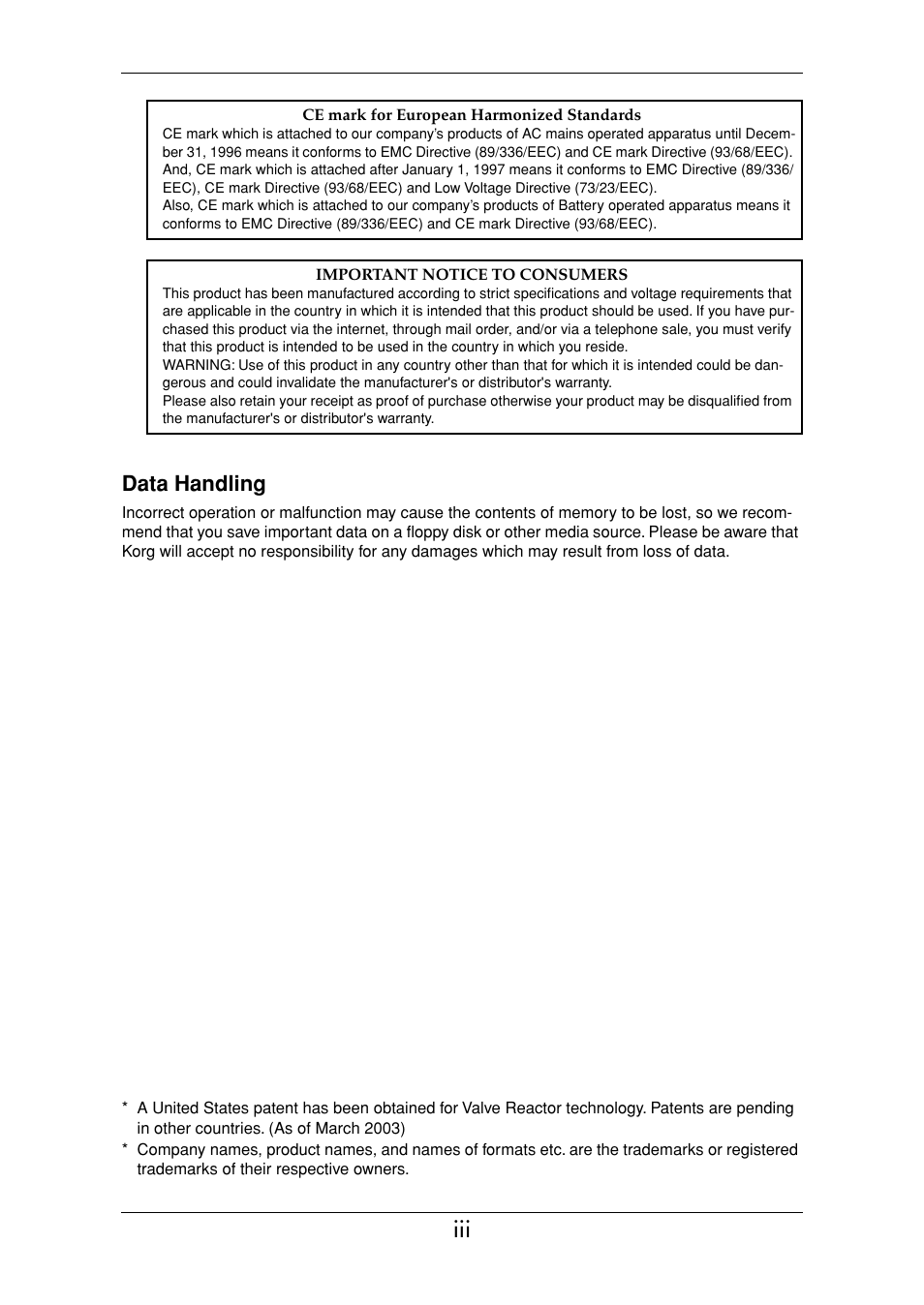 Data handling | Vox Valvetronix ToneLab SE User Manual | Page 3 / 82