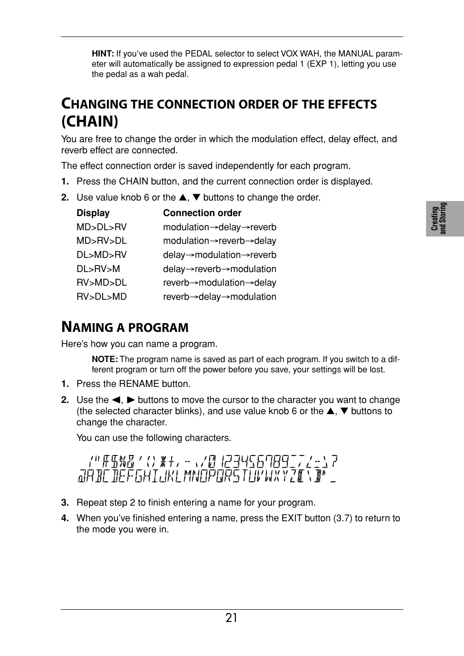 Naming a program, Am name (p.21), Chain) | Hanging, Connection, Order, Effects, Aming, Program | Vox Valvetronix ToneLab SE User Manual | Page 31 / 82