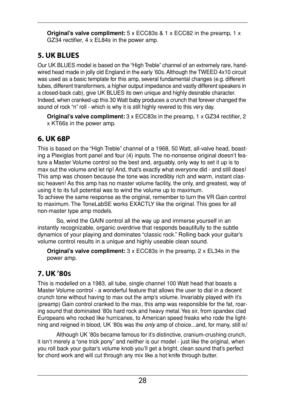 Uk blues, Uk 68p, Uk ’80 | Vox Valvetronix ToneLab SE User Manual | Page 38 / 82