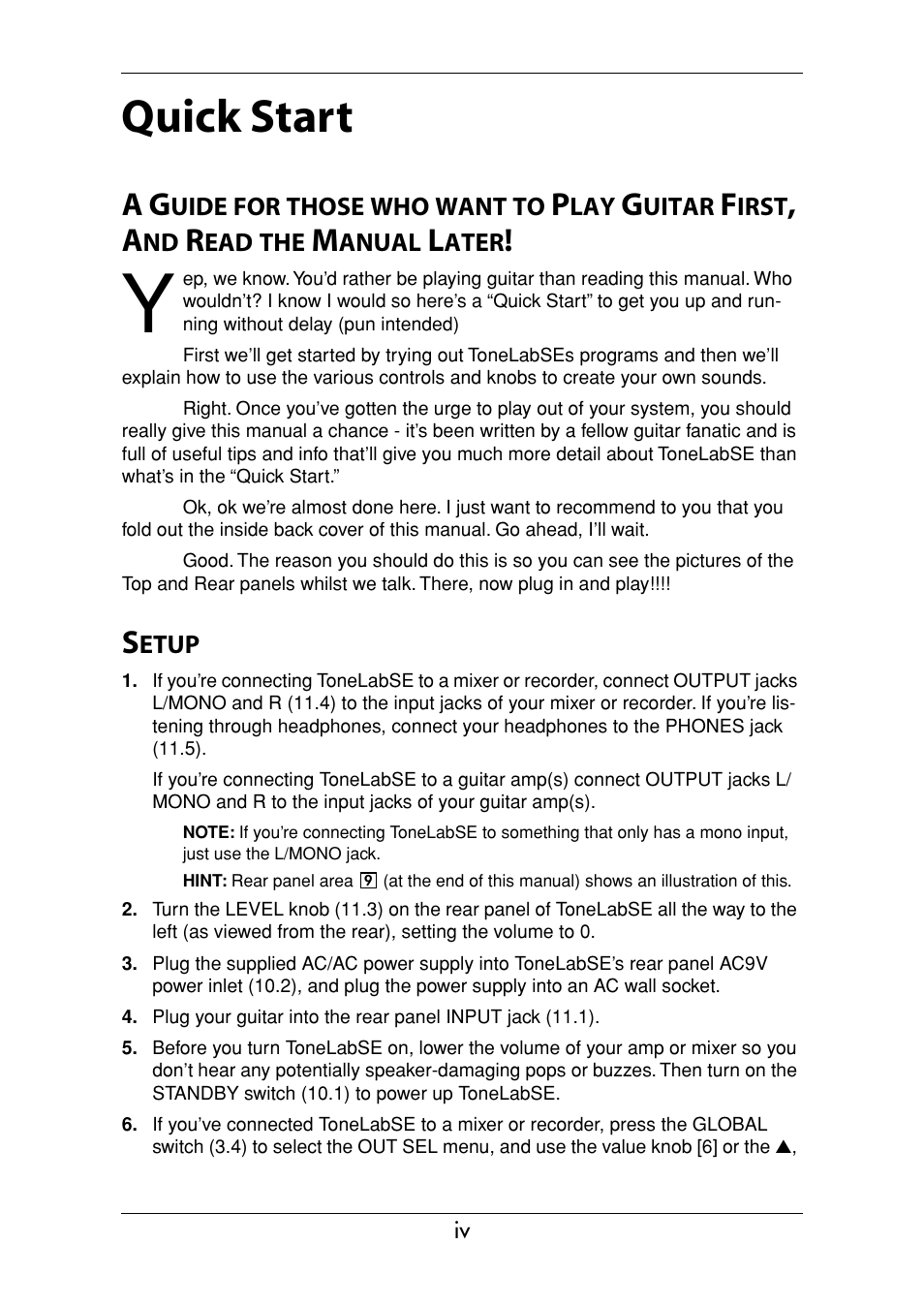 Quick start, Setup | Vox Valvetronix ToneLab SE User Manual | Page 4 / 82