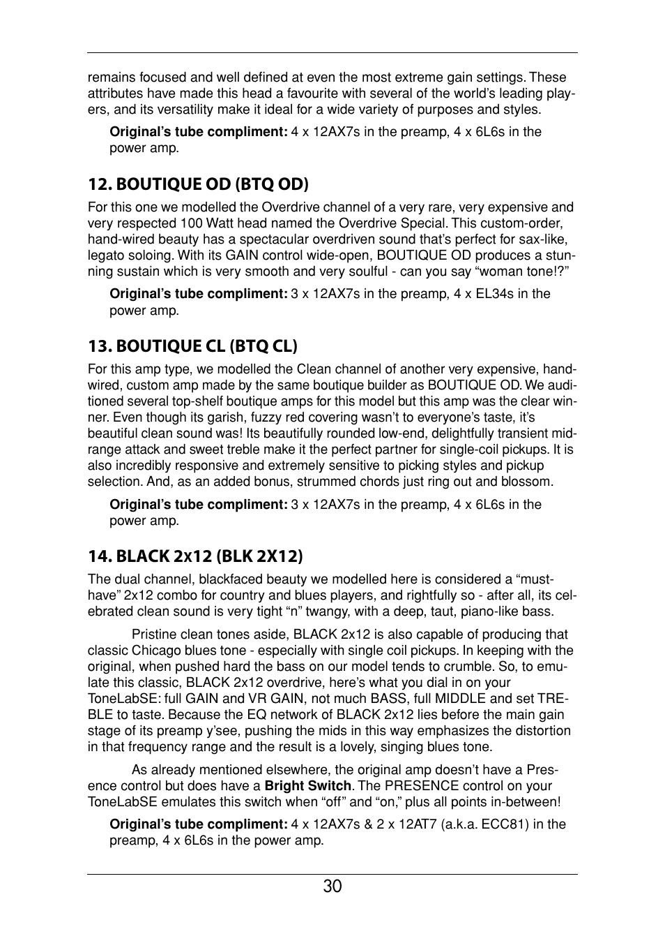 Boutique od (btq od), Boutique cl (btq cl), Black 2 | Vox Valvetronix ToneLab SE User Manual | Page 40 / 82
