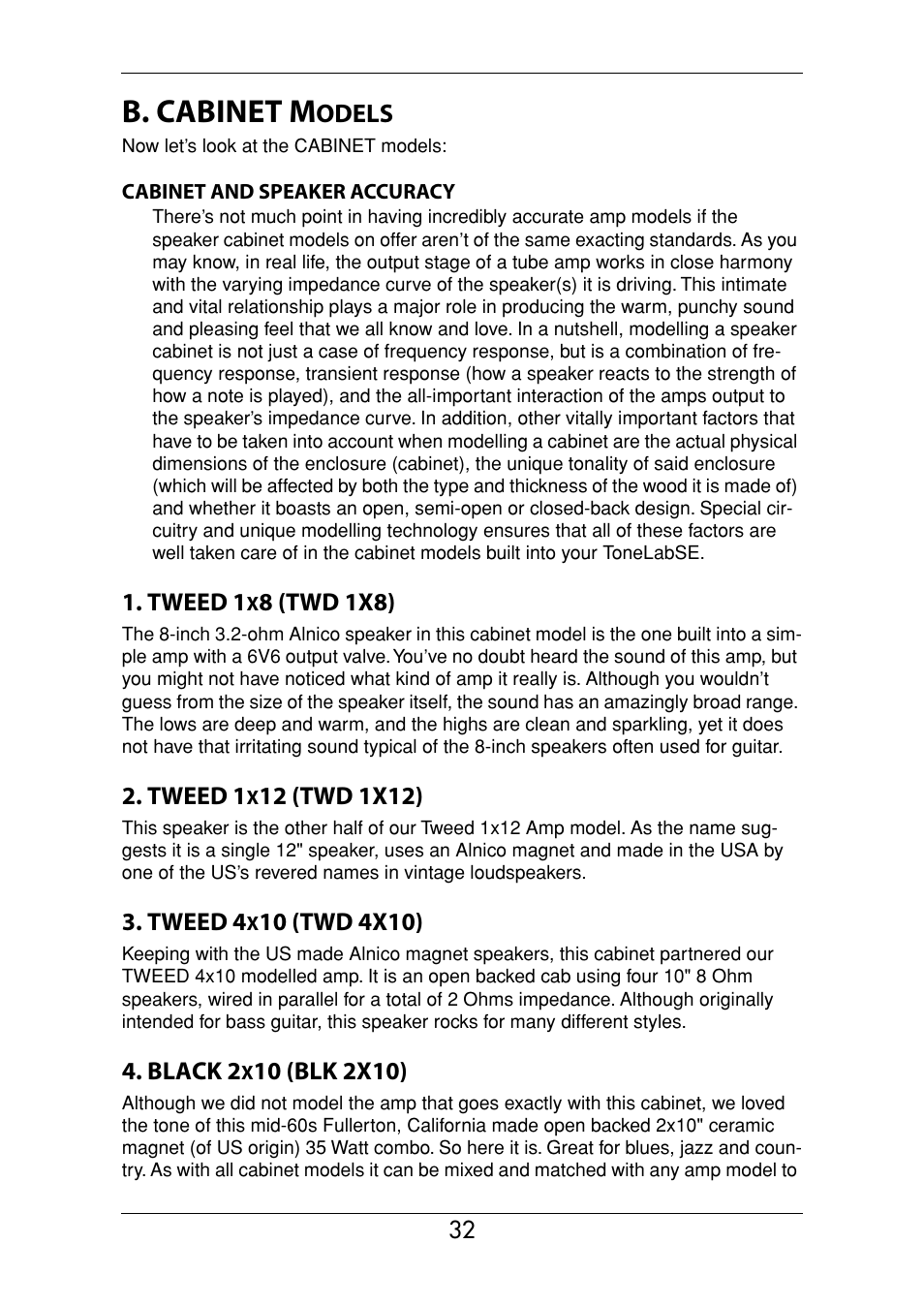 B. cabinet models, P.32.), B. cabinet m | Vox Valvetronix ToneLab SE User Manual | Page 42 / 82