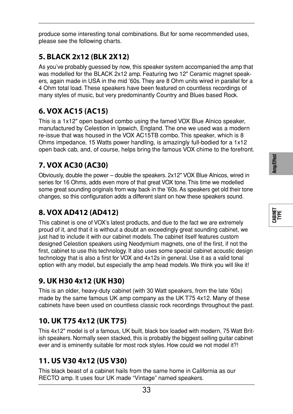 Black 2, Vox ac15 (ac15), Vox ac30 (ac30) | Uk h30 4, 12 (uk h30), Uk t75 4, 12 (uk t75), Us v30 4, 12 (us v30) | Vox Valvetronix ToneLab SE User Manual | Page 43 / 82