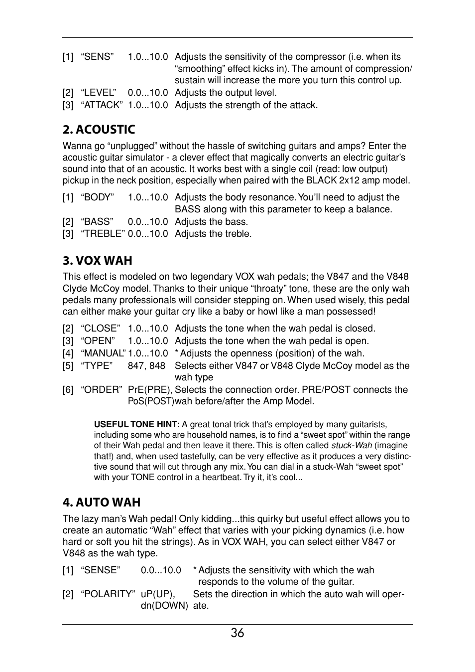 Acoustic, Vox wah, Auto wah | Vox Valvetronix ToneLab SE User Manual | Page 46 / 82