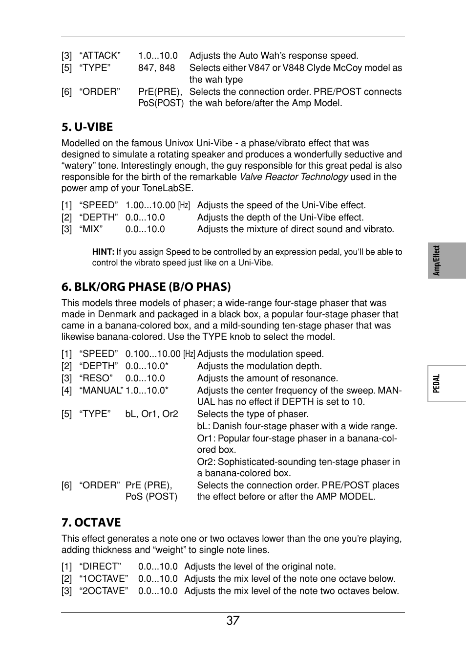 U-vibe, Blk/org phase (b/o phas), Octave | Vox Valvetronix ToneLab SE User Manual | Page 47 / 82
