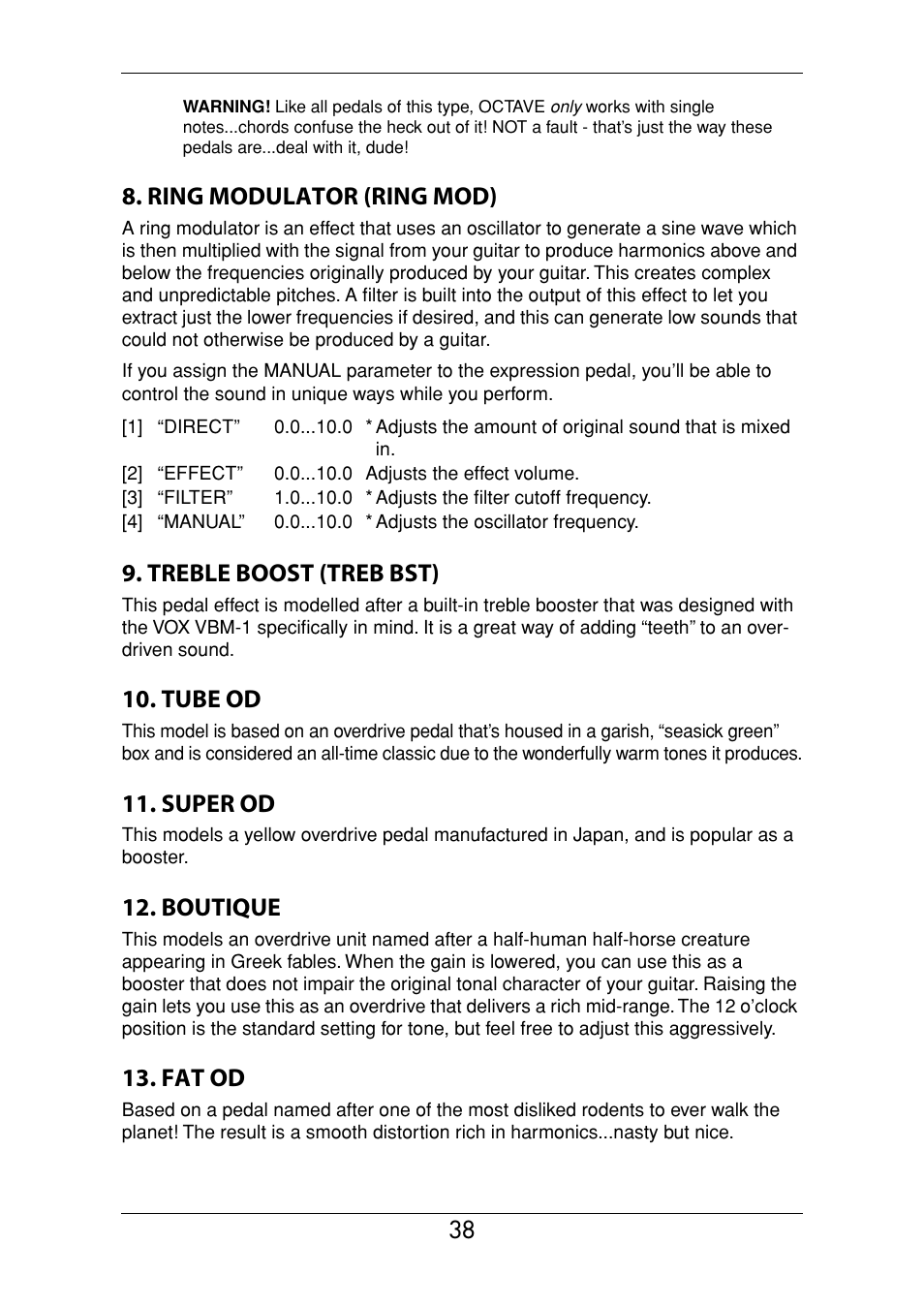 Ring modulator (ring mod), Treble boost (treb bst), Tube od | Super od, Boutique, Fat od | Vox Valvetronix ToneLab SE User Manual | Page 48 / 82